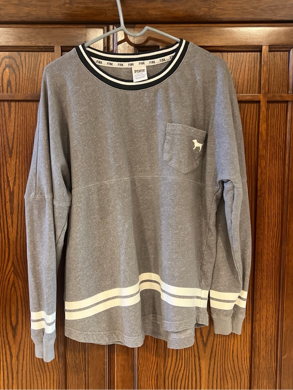 VS PINK Varsity Crew Neck Sweatshirt Medium Gray Pocket White Striped Pullover